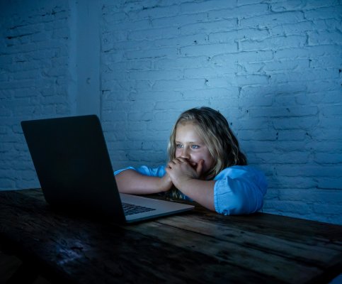 Child in front of laptop looking upset 